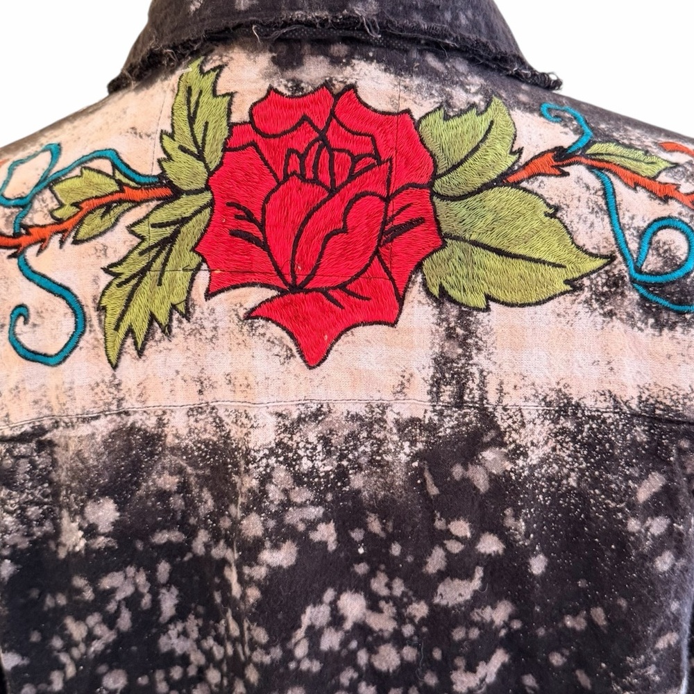 A Rare Bird "Smell the Roses" Distressed Black Flannel Shirt Rose Embroidery - Picture 10 of 12